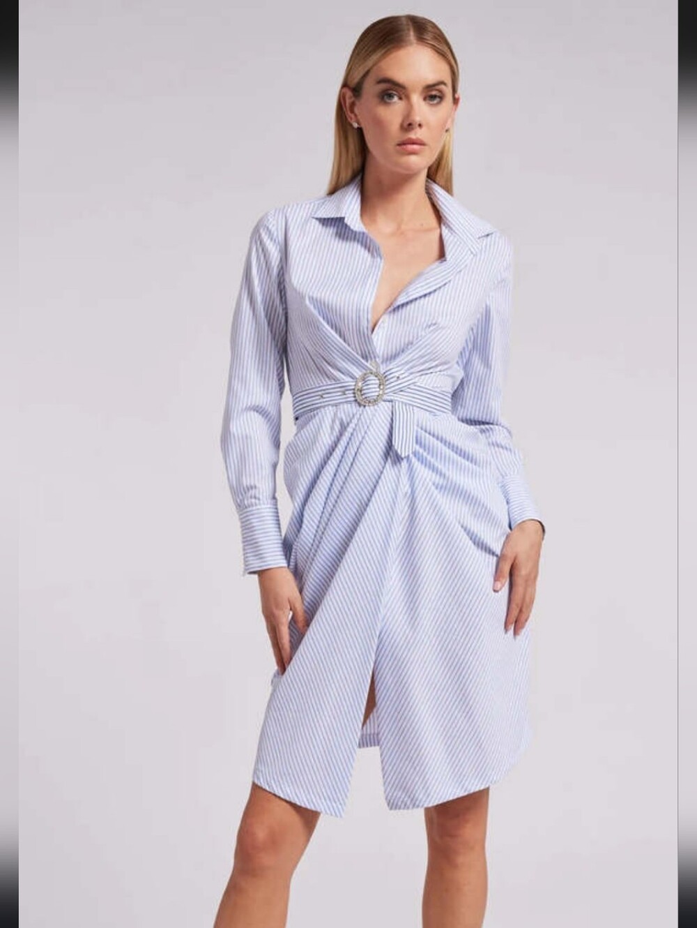 Generation Love Gloria White & Light Blue Pinstripe Shirt Style Dress
